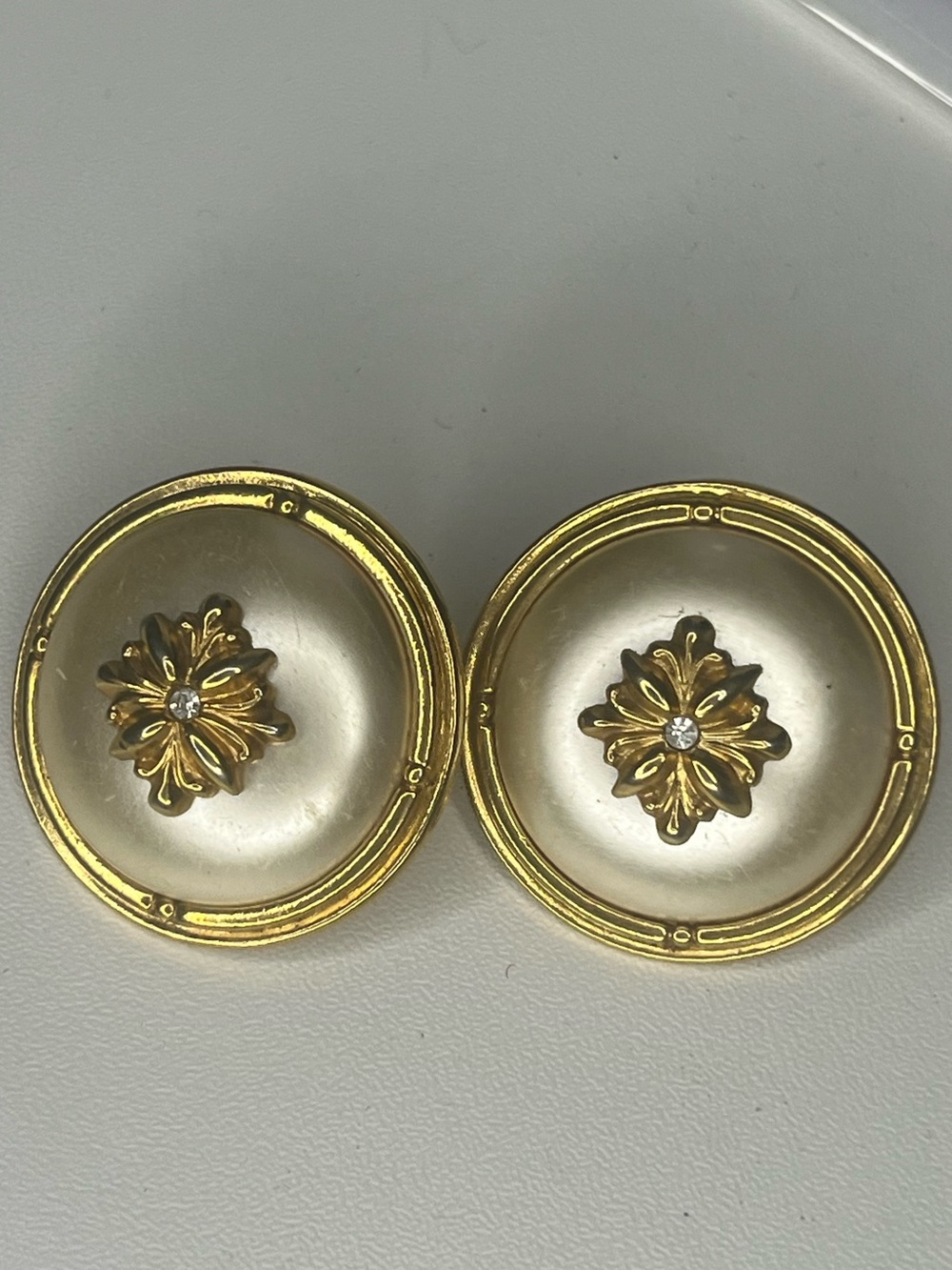 Avon Gold and Pearl-Tone Floral Button Earrings